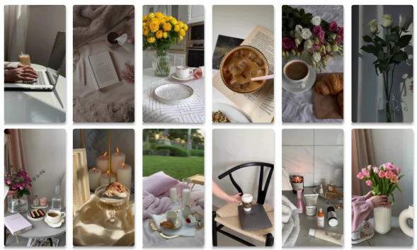 Aesthetic Pinterest video marketing ideas with coffee, flowers, candles, and cozy home decor for engaging content creation.